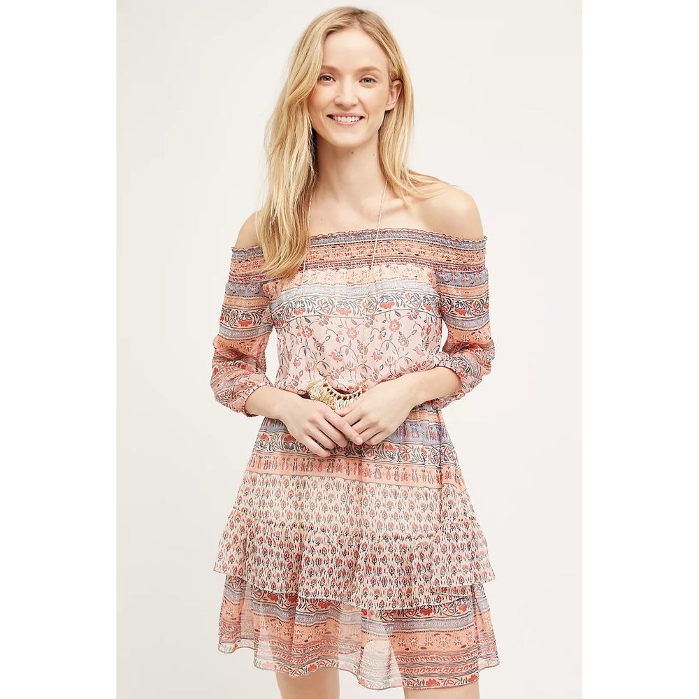 Anthropologie Shoshanna Jacinta Off The Shoulder Silk Floral Dress Boho Sz 2